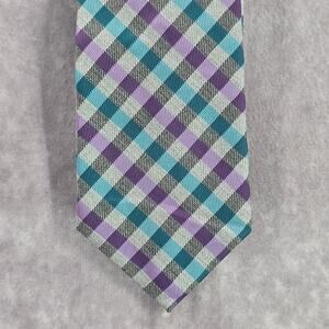 JF J. Ferrar Gray Purple Blue Plaid Tartan Checker Men's Neck Tie NWOT‎